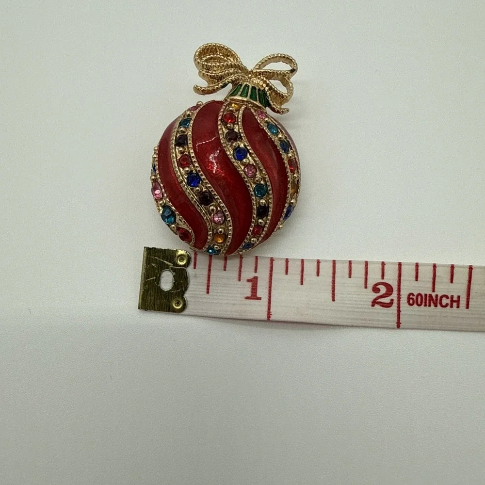 Christmas Ornament Brooch‎ Vintage Enameled Red Bow